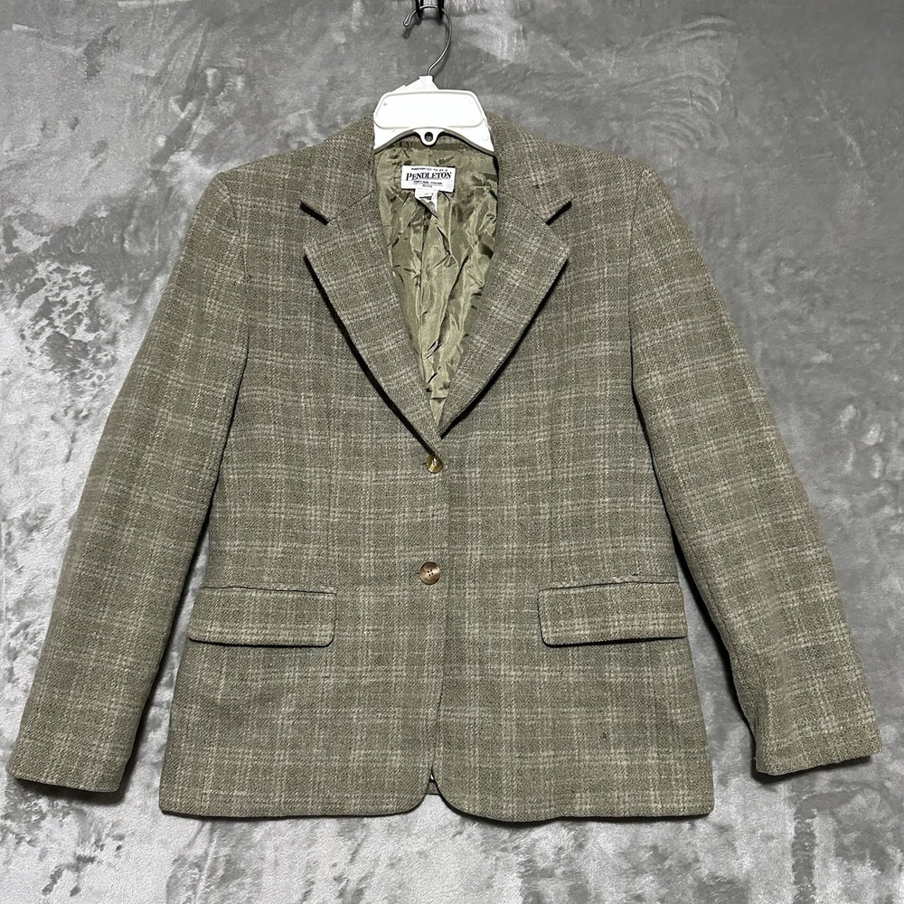 Pendleton Tartan Plaid Tweed Blazer Womens Petite 10 Green Academia Career Wool